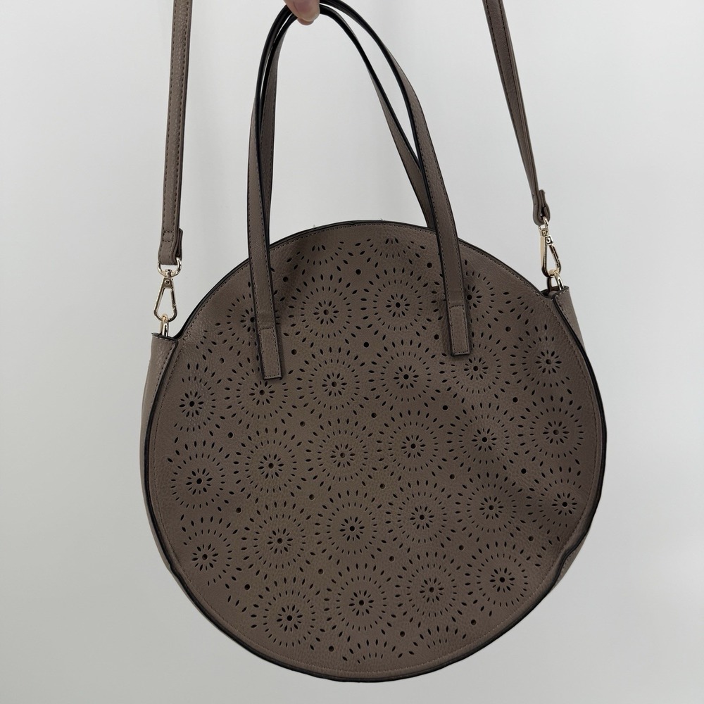 Purse Vegan Leather Large round boho Lazer cut hand bag purse Gray Grey